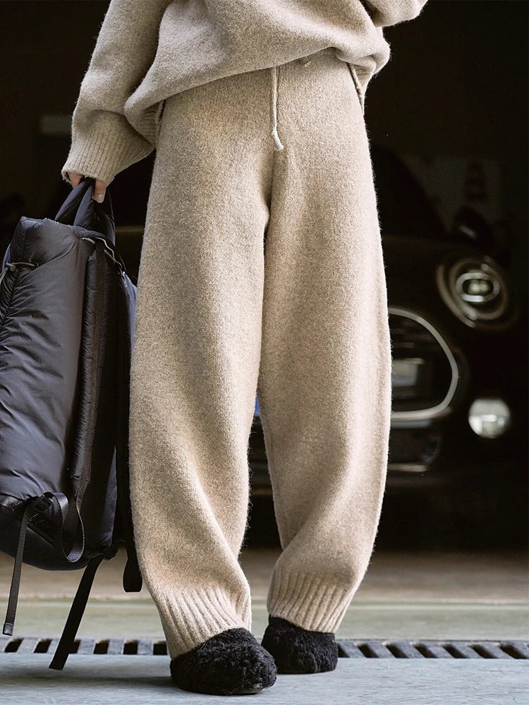 Korean Style Wool Flower Yarn High Waist Trousers Casual Loose Thick Pants Women Winter Clothing Fashion