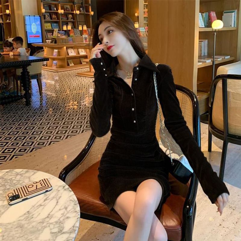 Women's Velvet Polo Collar Dress with Elegant Style, Fall/Winter Outfit, Height-Enhancing and Body-Con Skirt