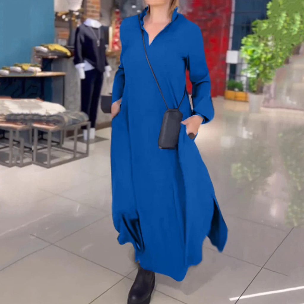 Autumn and winter European and American casual solid color loose slimming V-neck long sleeved dress women's clothing
