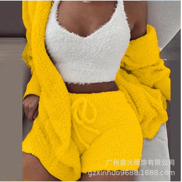 Women's clothing, European and American winter plush home wear, casual 3Pcs  pajamas long sleeved shorts sports set