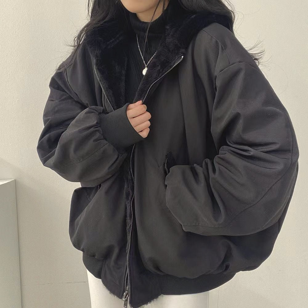 Autumn and winter with thick velvet and double-sided cotton clothing, winter new style cotton jacket, hooded thick cotton jacket