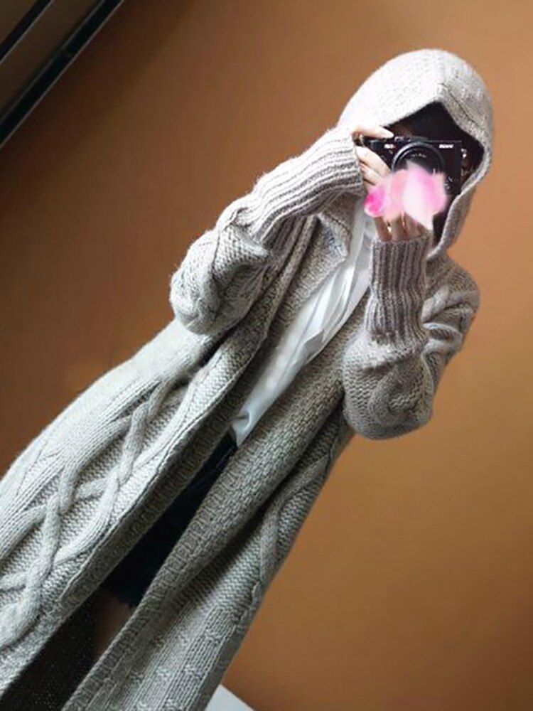 Women Sweater Long Cardigans Fall Winter New Knitted Jackets Korean Loose Oversized Long Sleeve Casual Hooded Coats