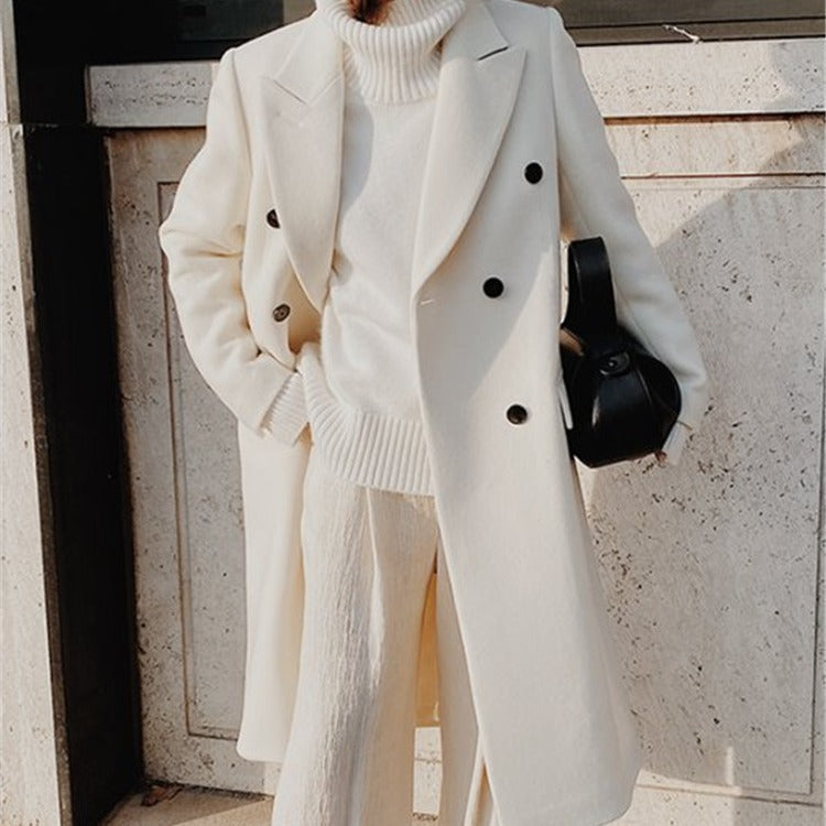 Fall/Winter New Women's Long Sleeve Notched Collar Solid Color Double Breasted Slim Fit Coat