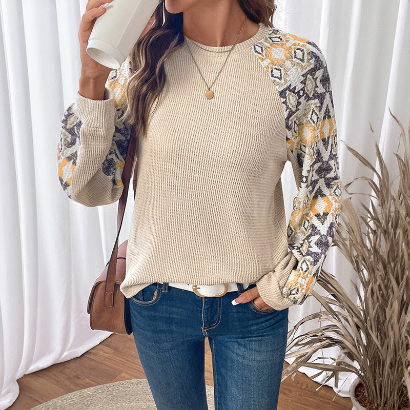 Women's Long Sleeve Waffle Knit Patchwork Top Fall Winter Casual Tee