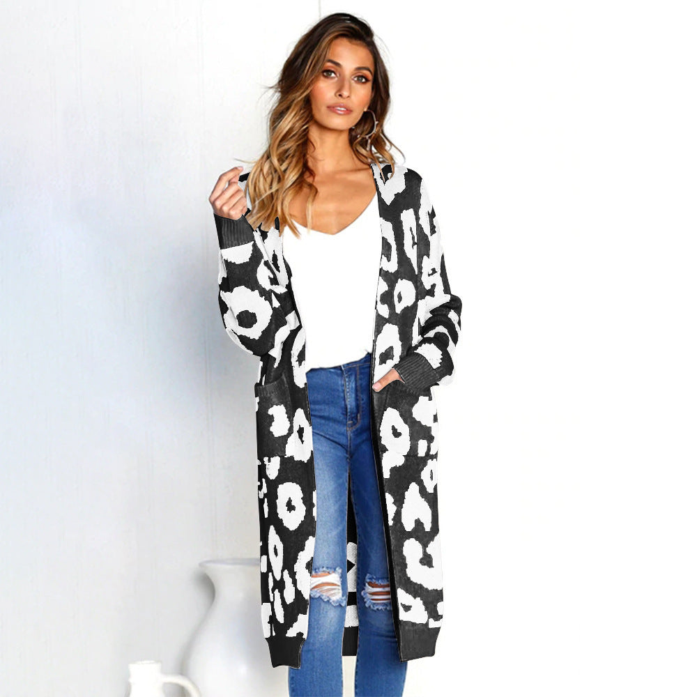 Fall Winter Women'sLeopard Print Sweater Loose Mid-Length Knitted Cardigan Top