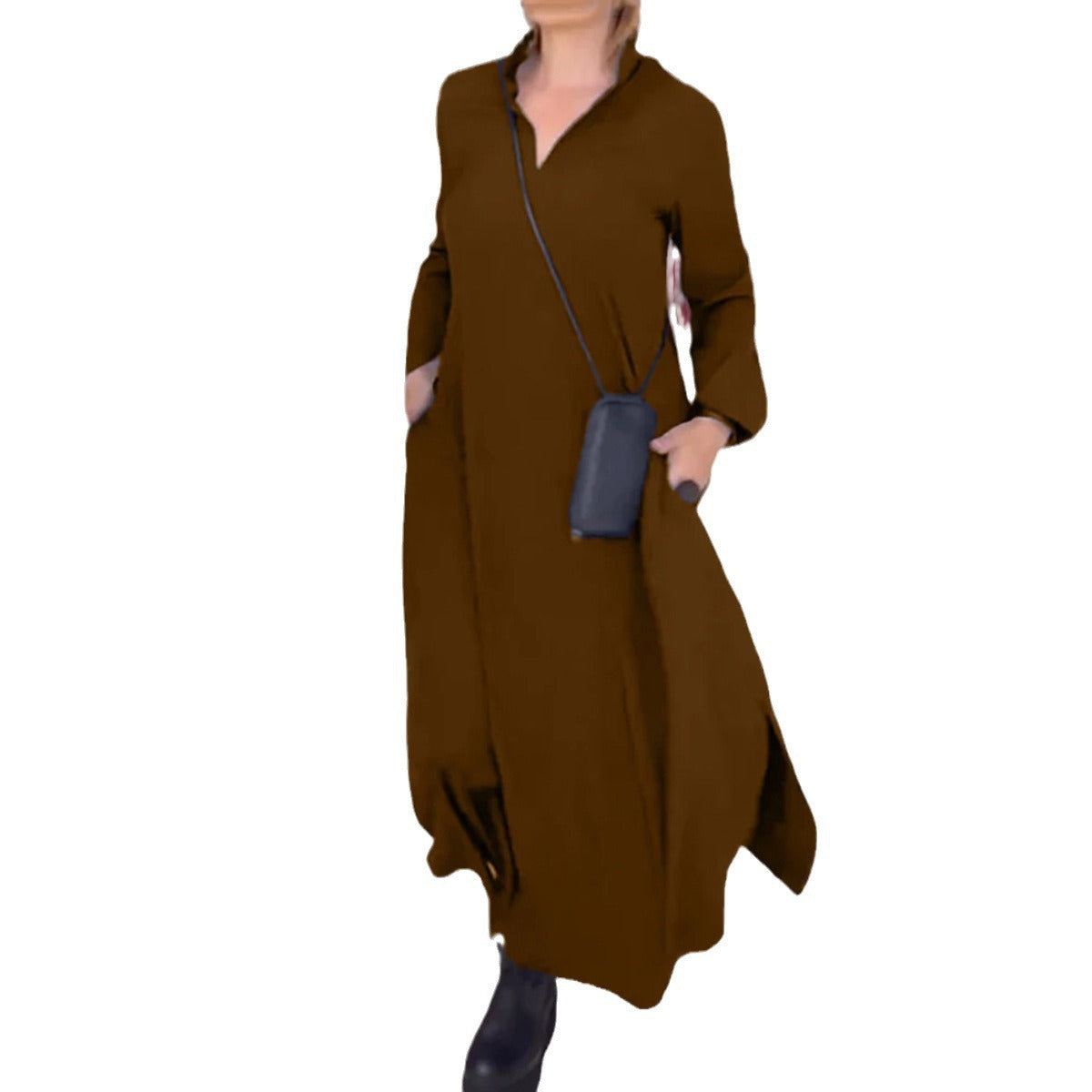 Autumn and winter European and American casual solid color loose slimming V-neck long sleeved dress women's clothing