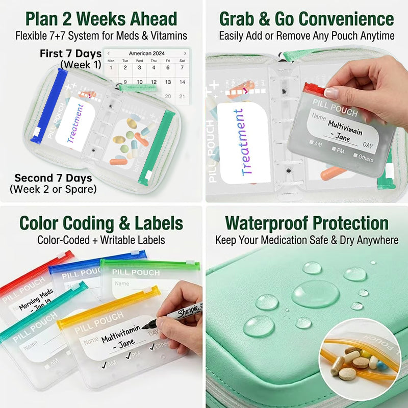 BPA-Free Color-Coded Pill Organizer – Waterproof Zipper Case, 7/14 Compartments