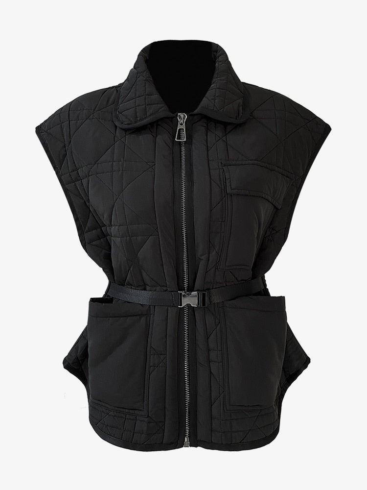 Patchwork Belted Plaid Coat For Women Lapel Sleeveless Patchwork Pockets Slim Vests Female Casual Winter Clothing Style