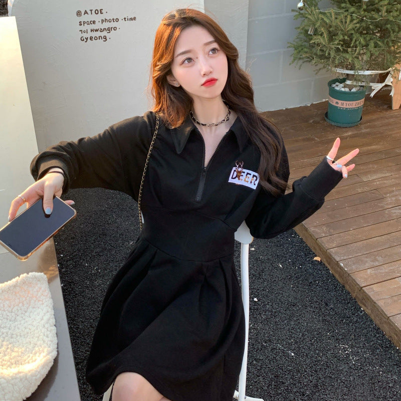 Fall and Winter Heping Style Design Sense Tummy Concealing Black Hoodie Dress, Unique Polo Collar, Waist-Cinching Slim Fit