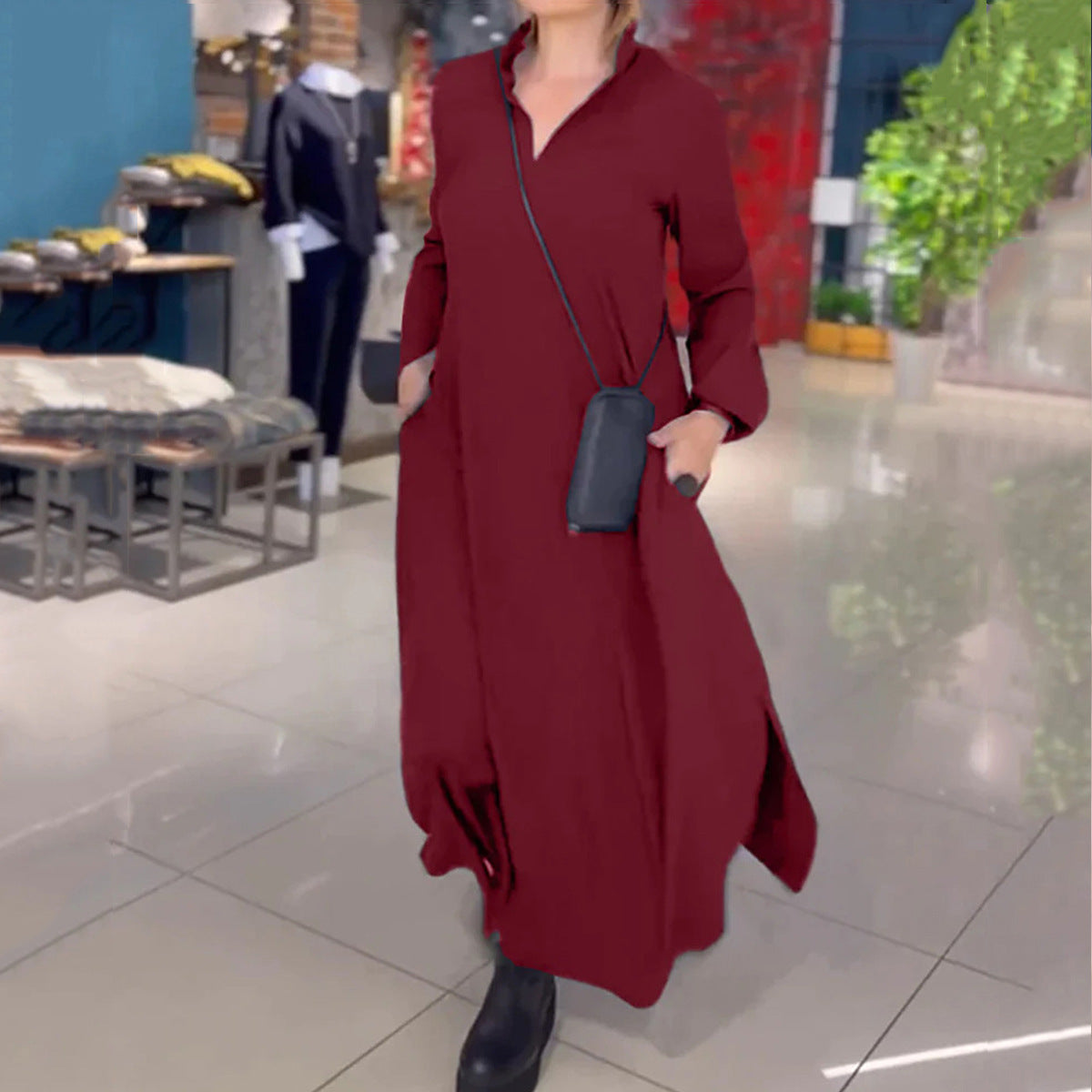 Autumn and winter European and American casual solid color loose slimming V-neck long sleeved dress women's clothing