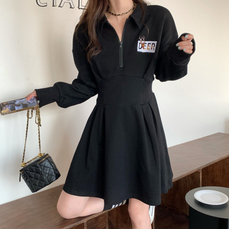 Fall and Winter Heping Style Design Sense Tummy Concealing Black Hoodie Dress, Unique Polo Collar, Waist-Cinching Slim Fit