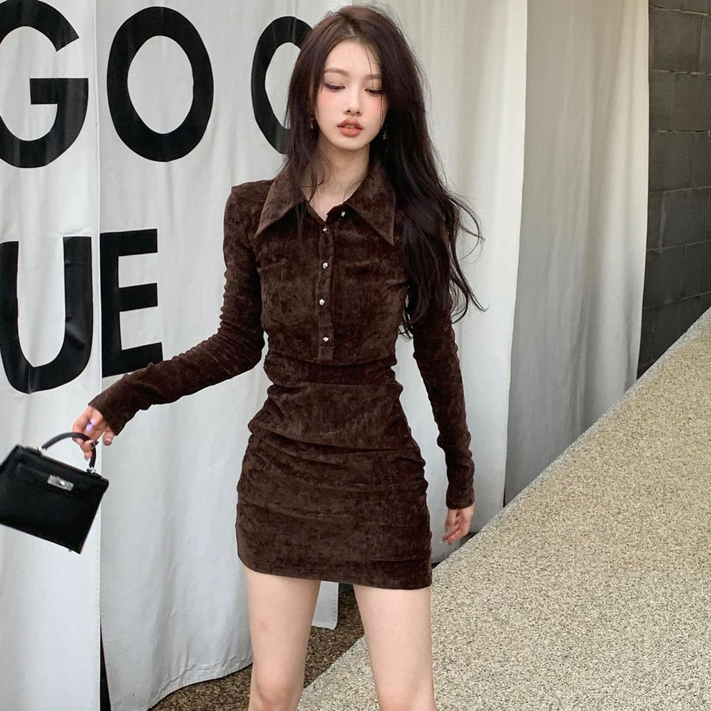 Women's Velvet Polo Collar Dress with Elegant Style, Fall/Winter Outfit, Height-Enhancing and Body-Con Skirt