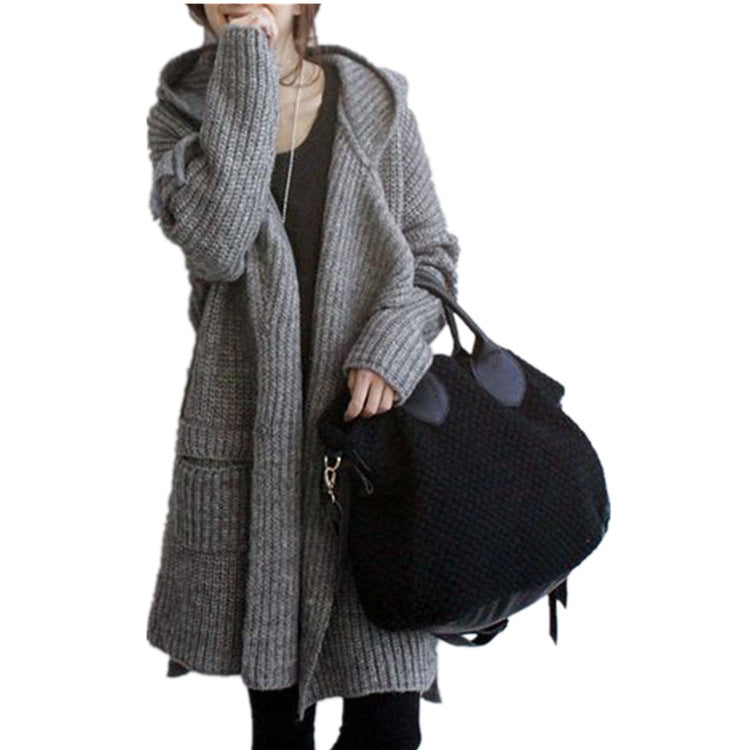 Fall and Winter New Women's  Hooded Belted Loose Mid-Length Chunky Knit Cardigan Sweater Outerwear