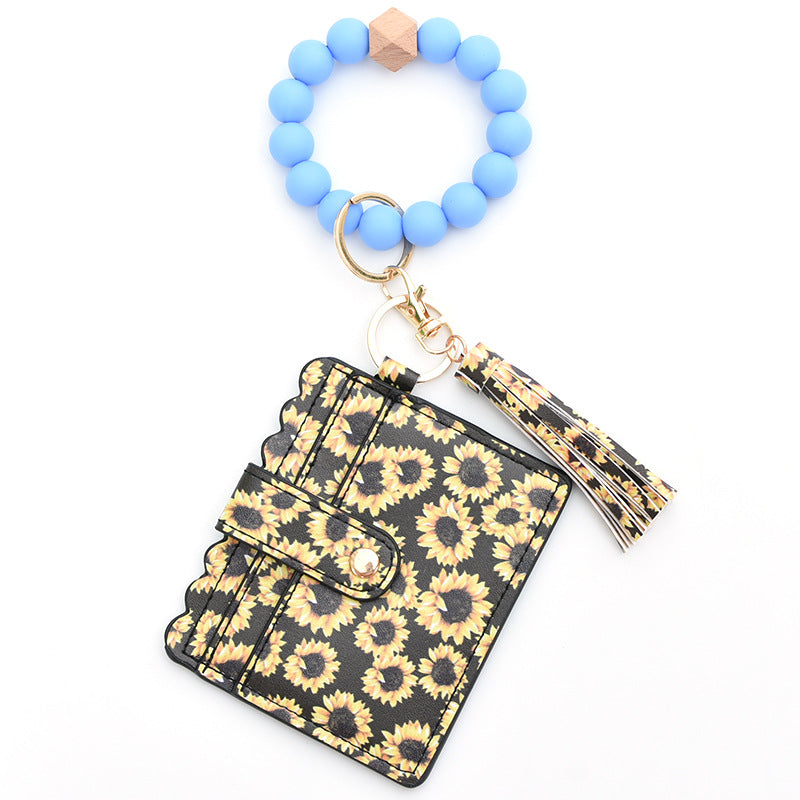 Colorful Silicone Bead Bracelet Card Holder PU Tassel Women's Wallet Keychain Silicone Beaded Bracelet