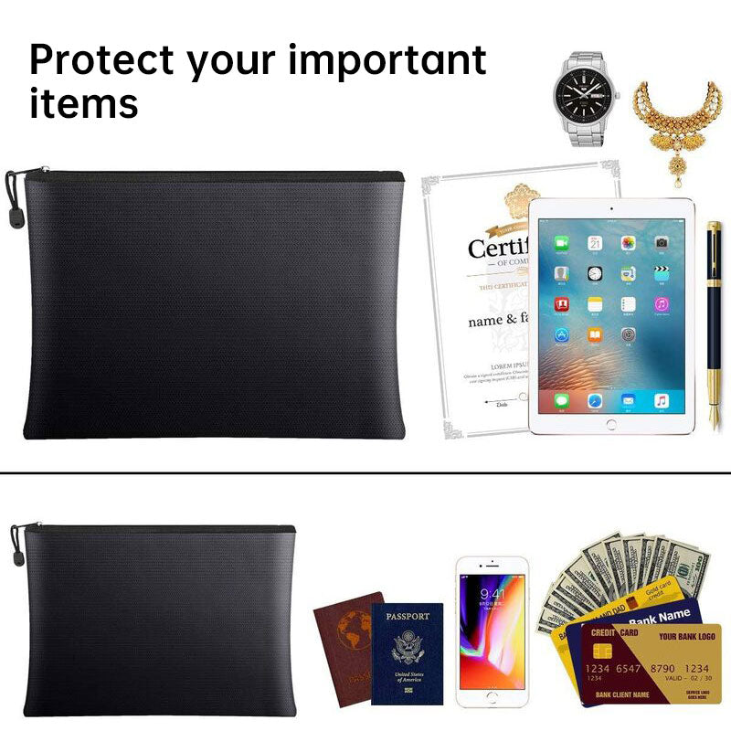 Fireproof & Waterproof Bag, File Storage Bag with Zipper for Certificates, Money, Cards(black,silver)