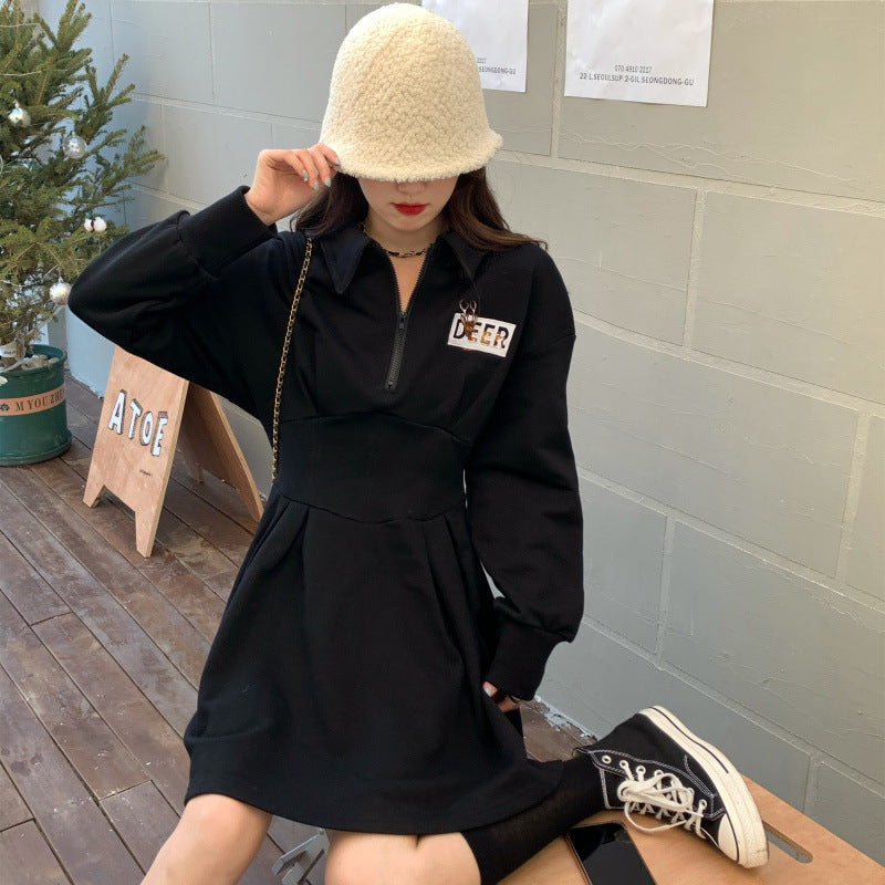 Fall and Winter Heping Style Design Sense Tummy Concealing Black Hoodie Dress, Unique Polo Collar, Waist-Cinching Slim Fit