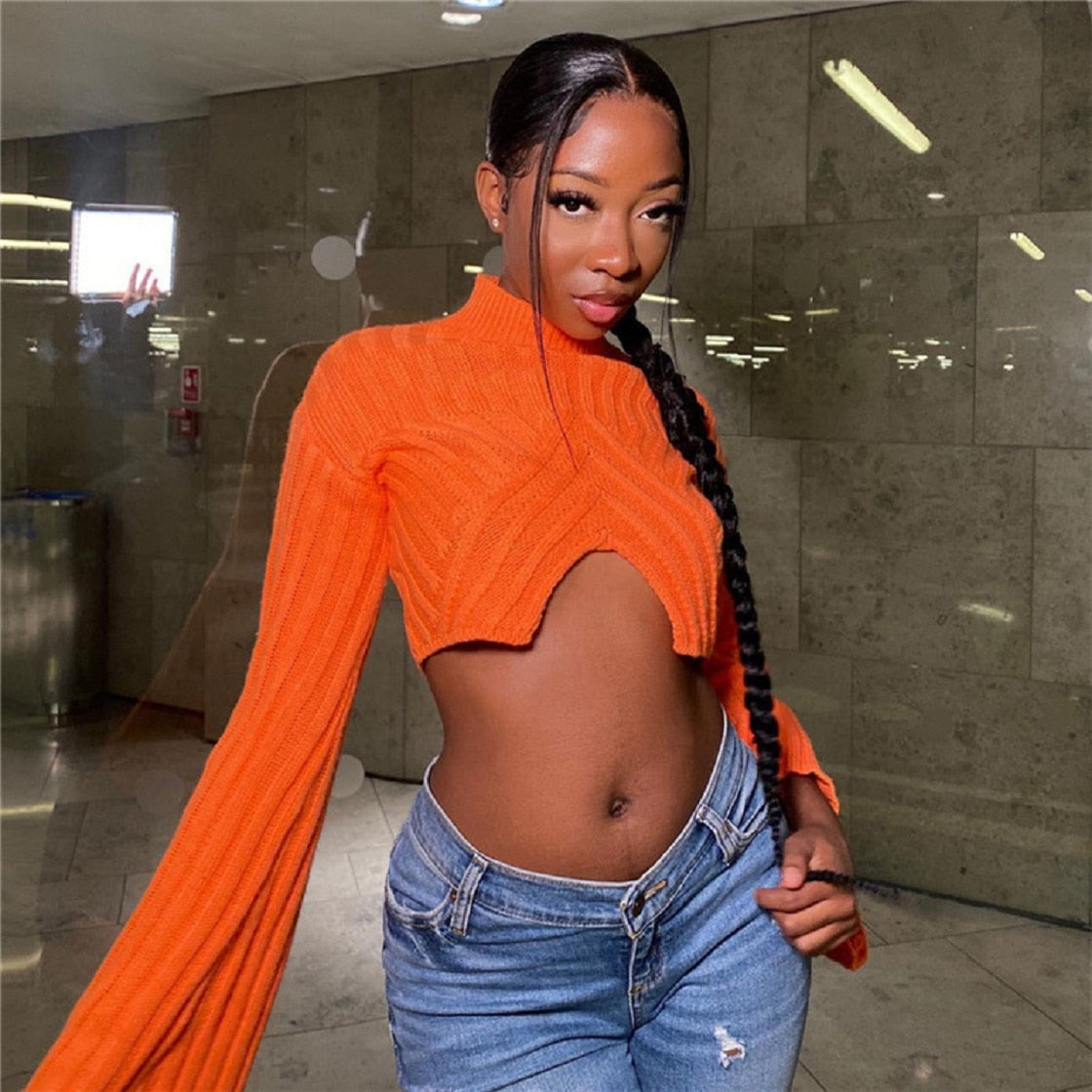Crop Top Long Sleeve Knit Sweater T Shirt Women Y2K Streetswear Winter Clothes Fall Sexy Blouse Sweatshirt Cropped Tops