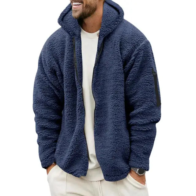 Men Fall Winter Coat Thick Plush Hooded Coat Zipper Closure Loose Cardigan Warm Cold Resistant Soft Men Jacket