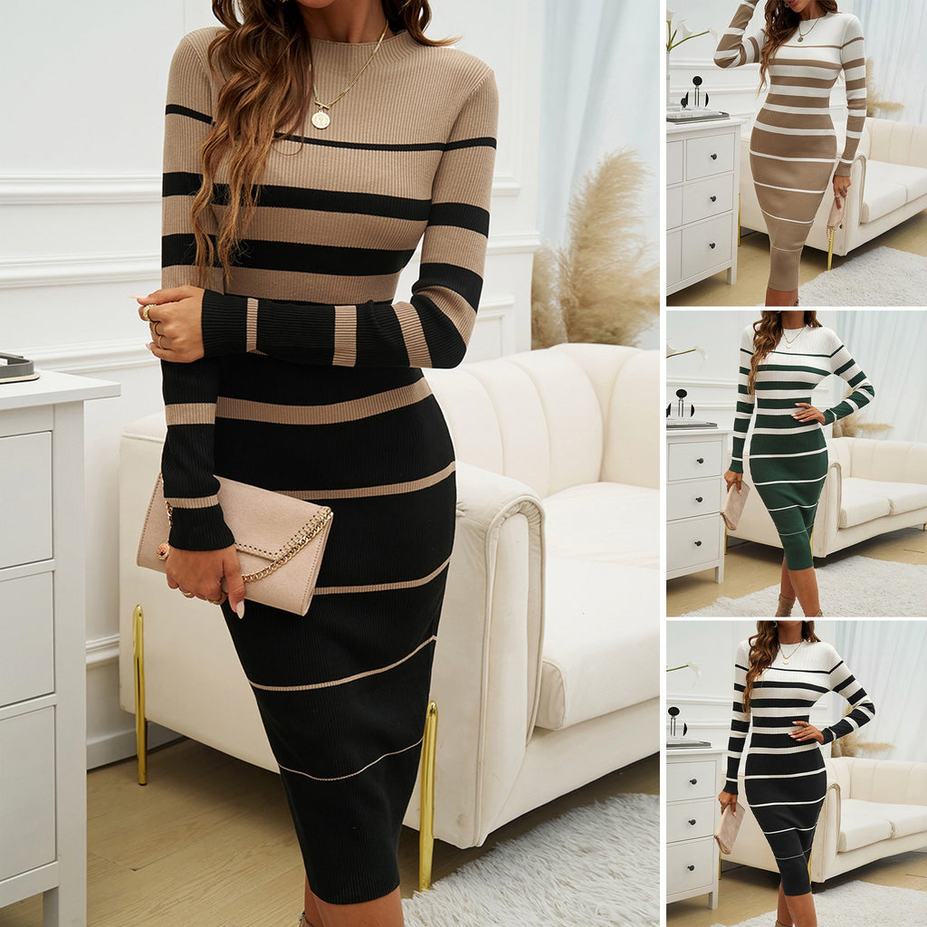 European and American autumn and winter women's clothing temperament slim fit contrasting long sleeved dress