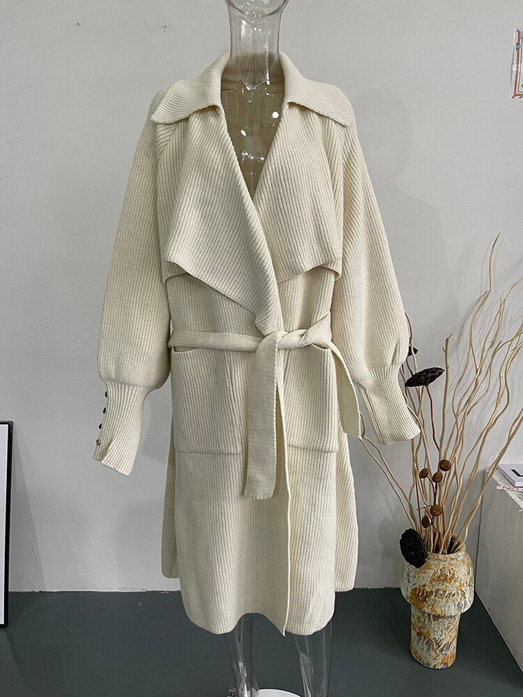 Double Breasted Cardigan Knitting Long Sweater For Women Long Sleeve Belt Loose Casual Vintage Coat Winter Clothing