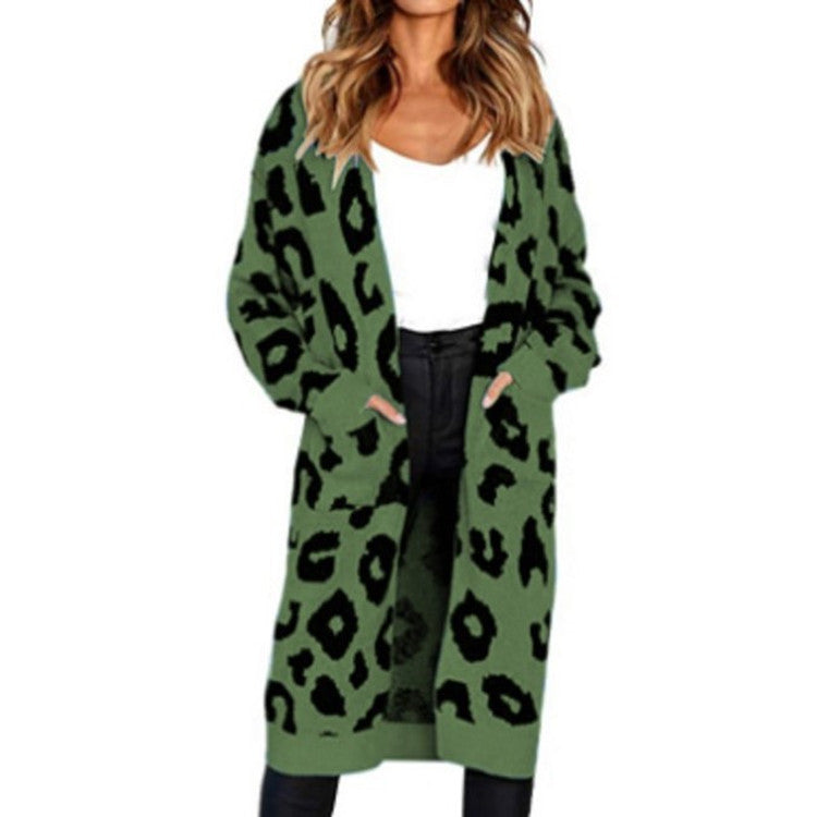 Fall Winter Women'sLeopard Print Sweater Loose Mid-Length Knitted Cardigan Top