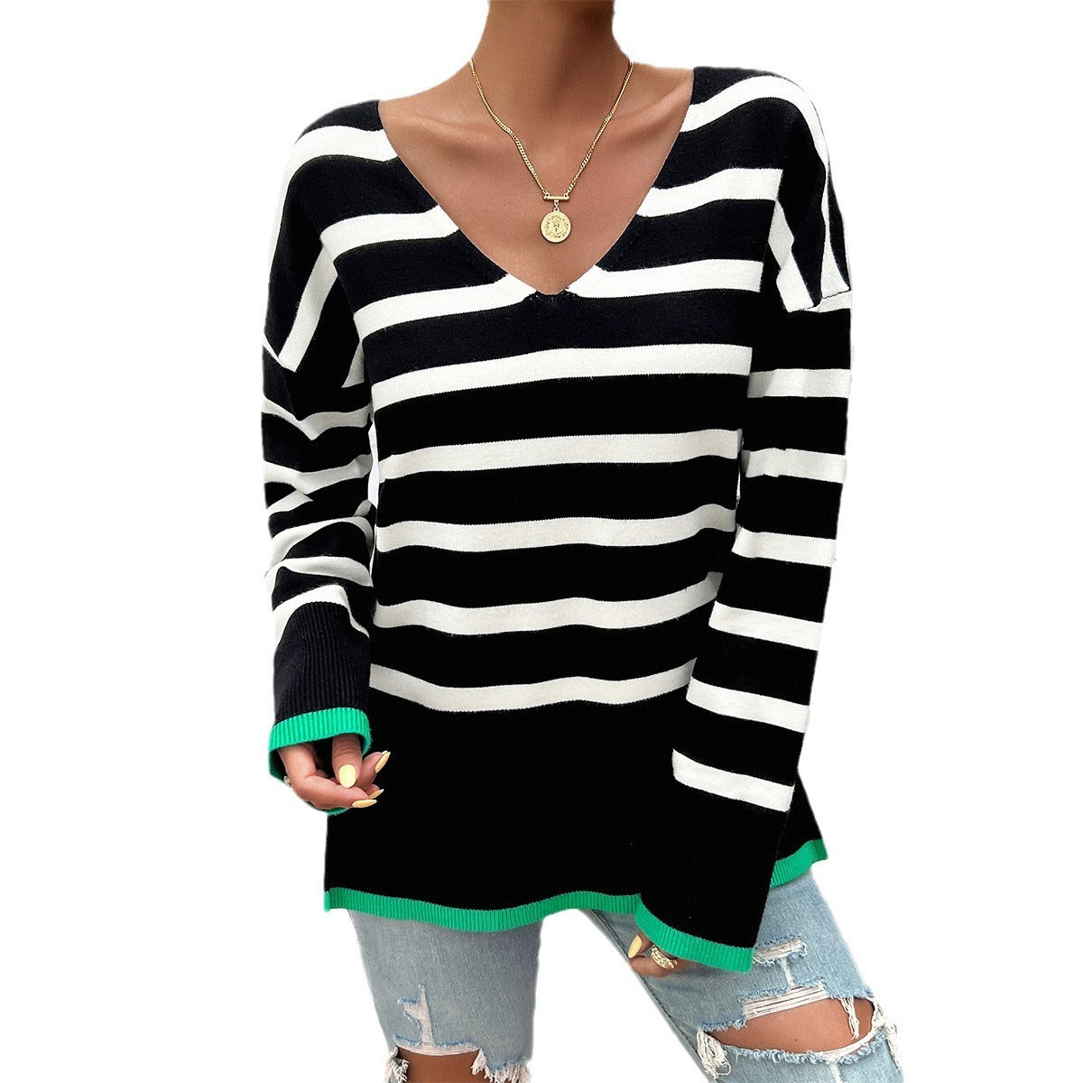 European and American autumn and winter women's clothing temperament casual loose contrasting color V-neck long sleeved sweater