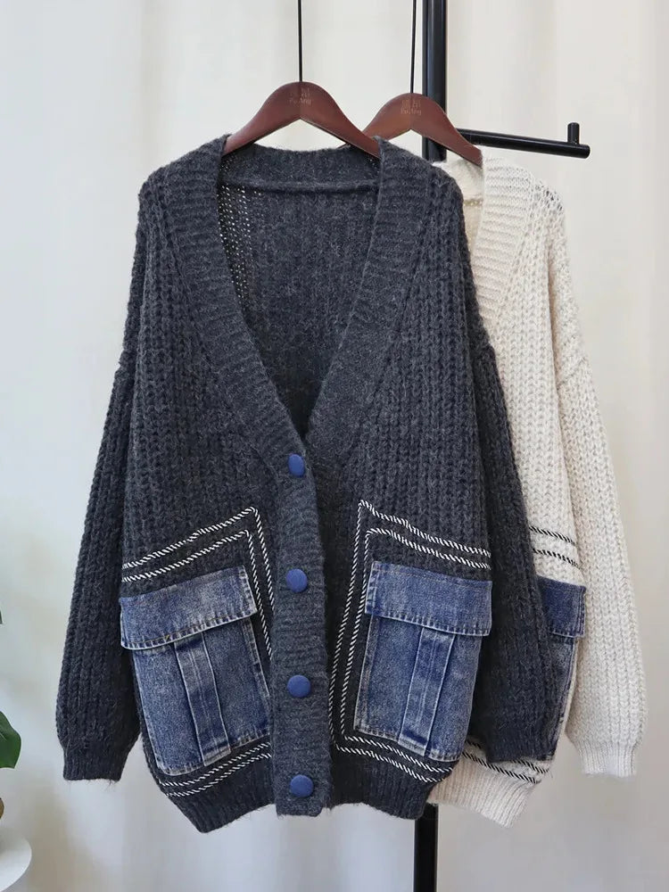 V-Neck Loose Cardigan Women Long Sleeve Single Breasted Pockets Sweater Coat Women's Clothing Autumn Winter