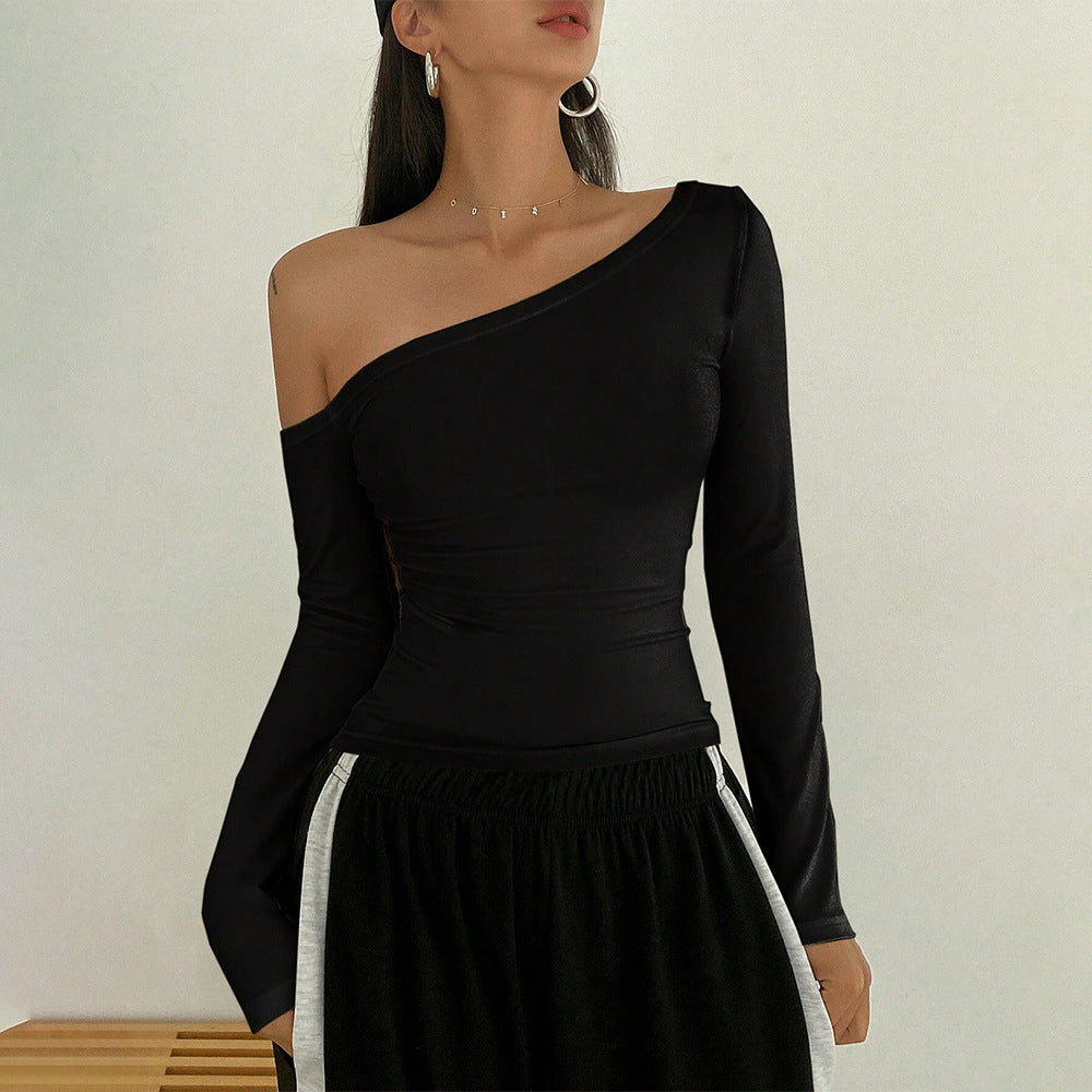 Fashion sexy off-the-shoulder T-shirt autumn and winter slanted collar design long-sleeved top women's clothing