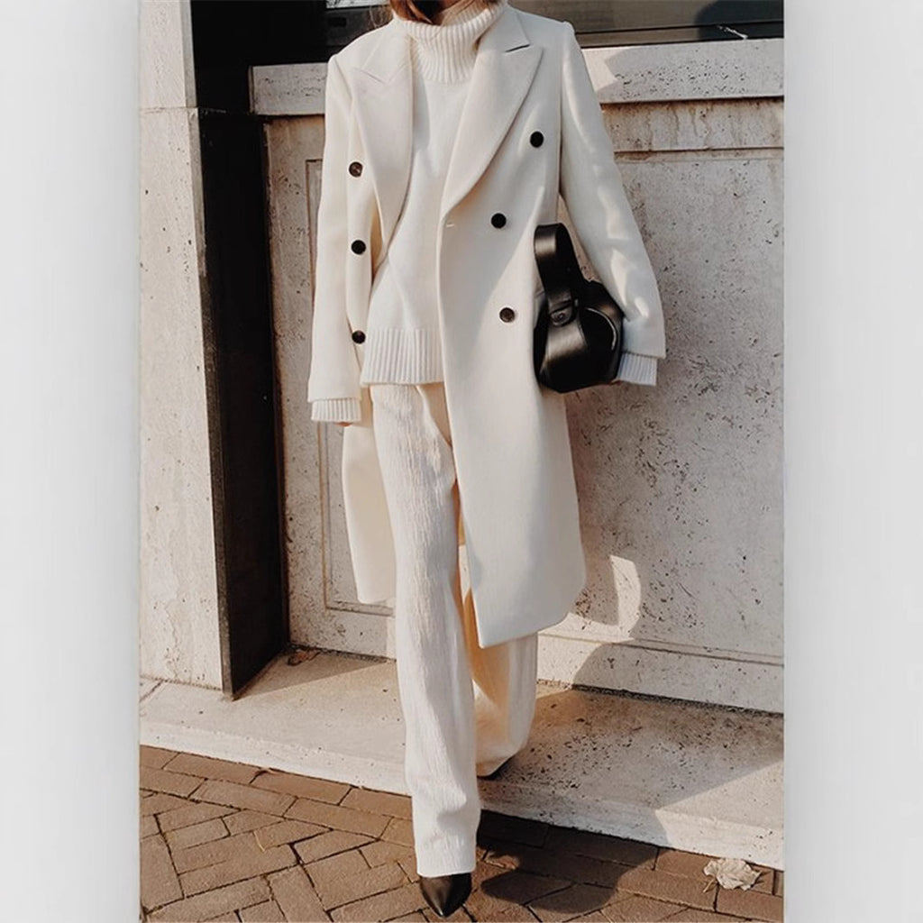 Fall/Winter New Women's Long Sleeve Notched Collar Solid Color Double Breasted Slim Fit Coat