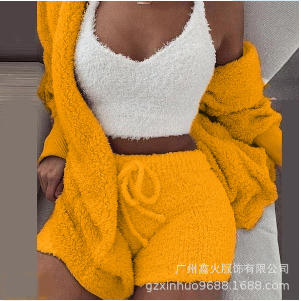 Women's clothing, European and American winter plush home wear, casual 3Pcs  pajamas long sleeved shorts sports set