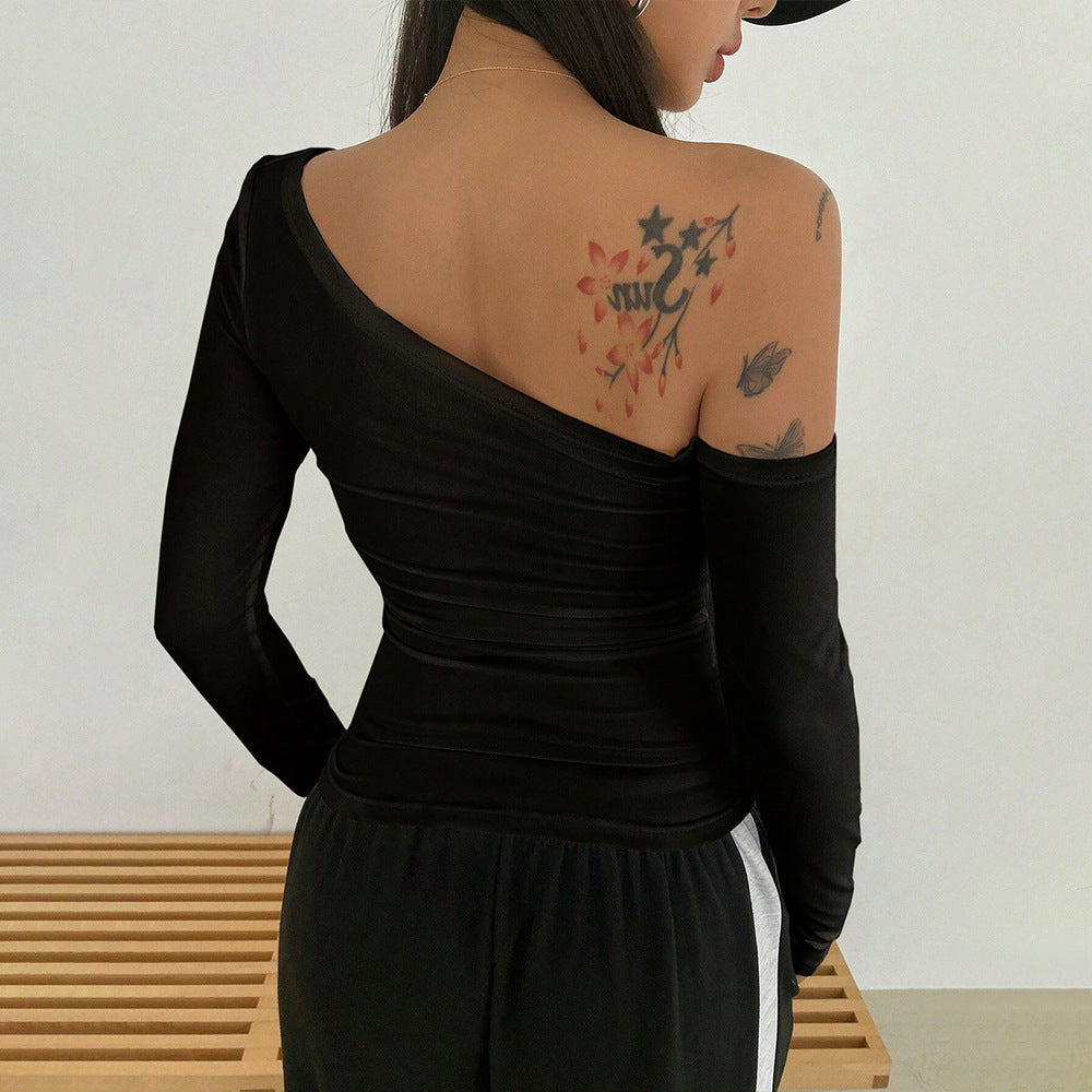 Fashion sexy off-the-shoulder T-shirt autumn and winter slanted collar design long-sleeved top women's clothing