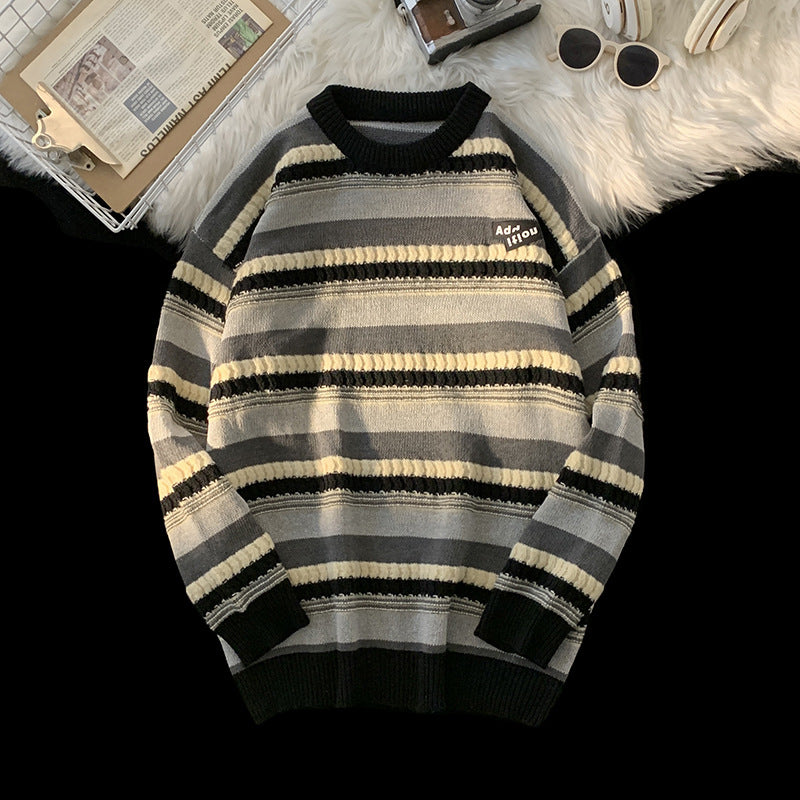 Women's Striped Crew Neck Knit Sweater Fall Winter Unisex Pullover