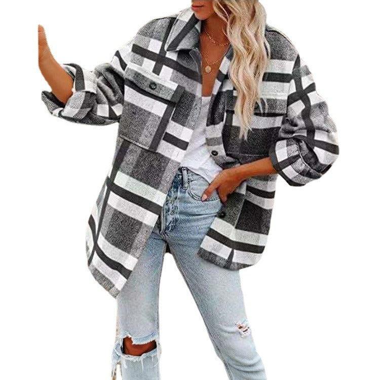 Autumn and winter women's clothing autumn and winter long sleeved lapel loose plaid thickened woolen jacket