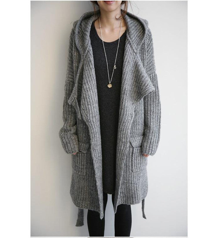 Fall and Winter New Women's  Hooded Belted Loose Mid-Length Chunky Knit Cardigan Sweater Outerwear