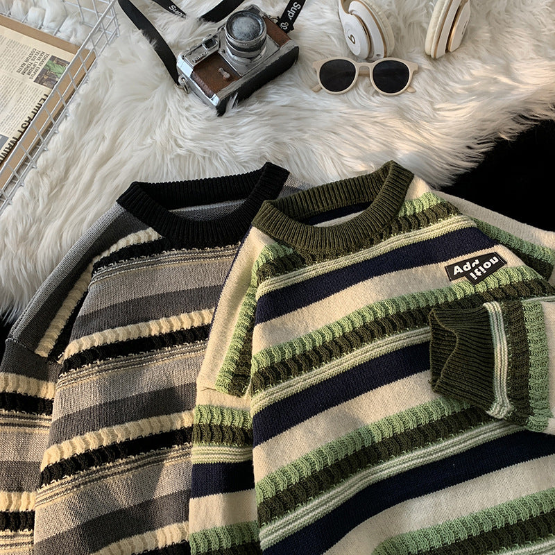 Women's Striped Crew Neck Knit Sweater Fall Winter Unisex Pullover
