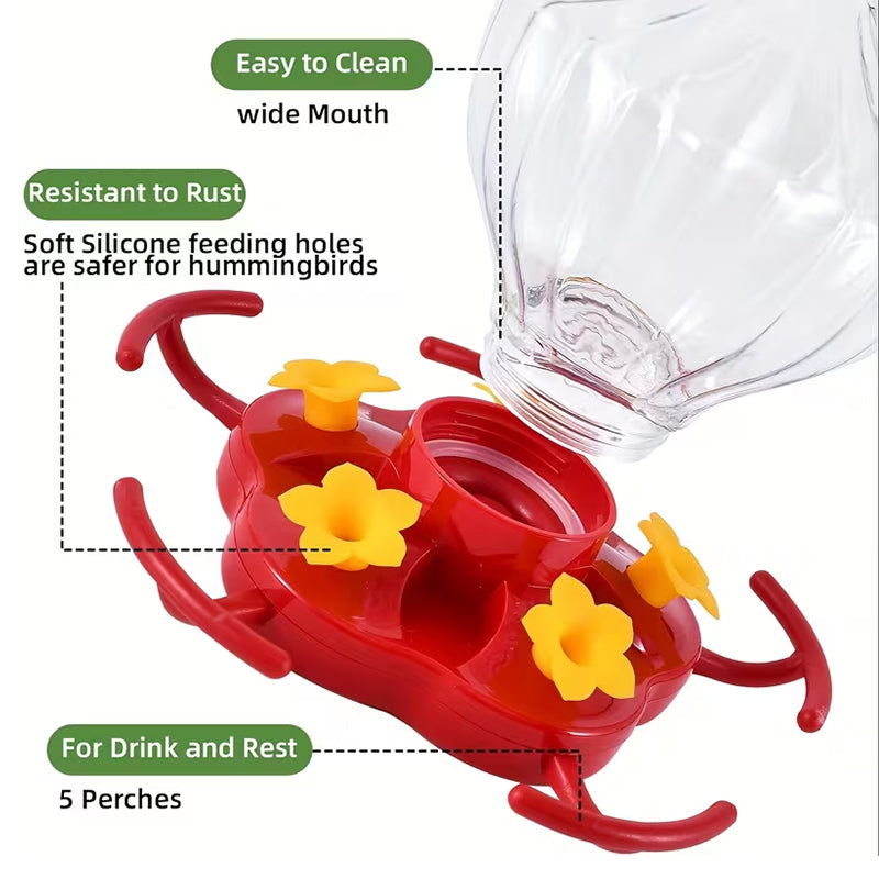 8 Oz Hanging Hummingbird Feeder – 5 Flower Ports with Perches, Outdoor Garden Bird Water Dispenser