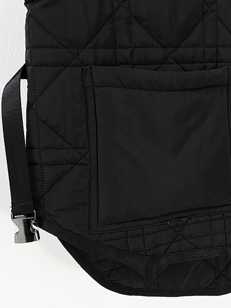 Patchwork Belted Plaid Coat For Women Lapel Sleeveless Patchwork Pockets Slim Vests Female Casual Winter Clothing Style