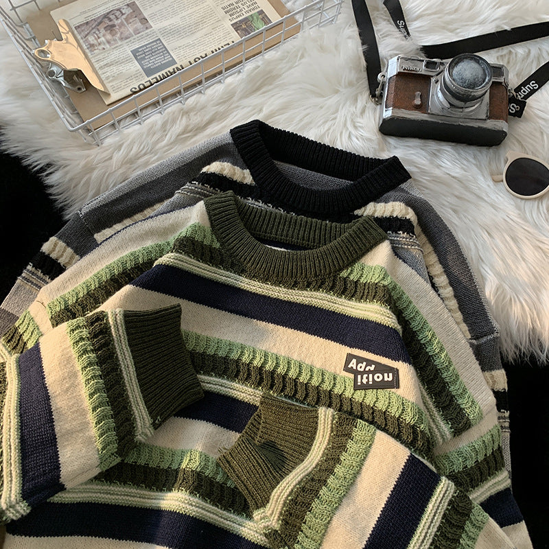 Women's Striped Crew Neck Knit Sweater Fall Winter Unisex Pullover