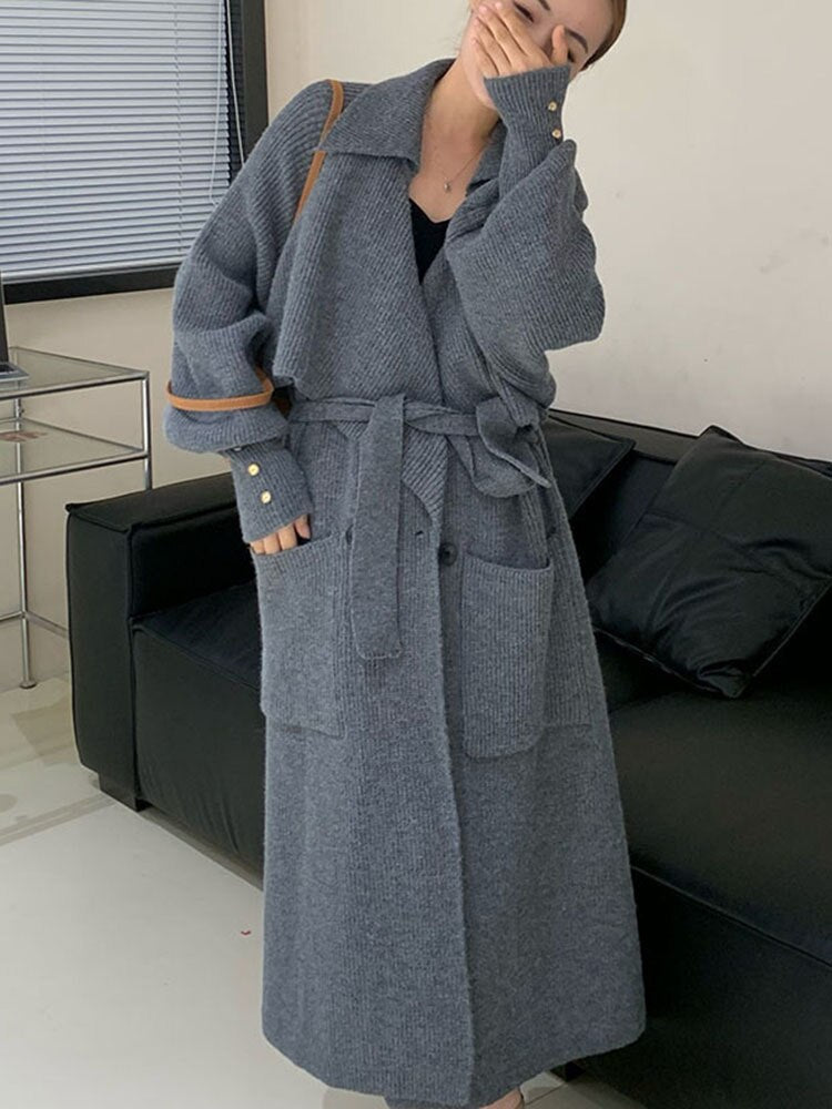 Double Breasted Cardigan Knitting Long Sweater For Women Long Sleeve Belt Loose Casual Vintage Coat Winter Clothing