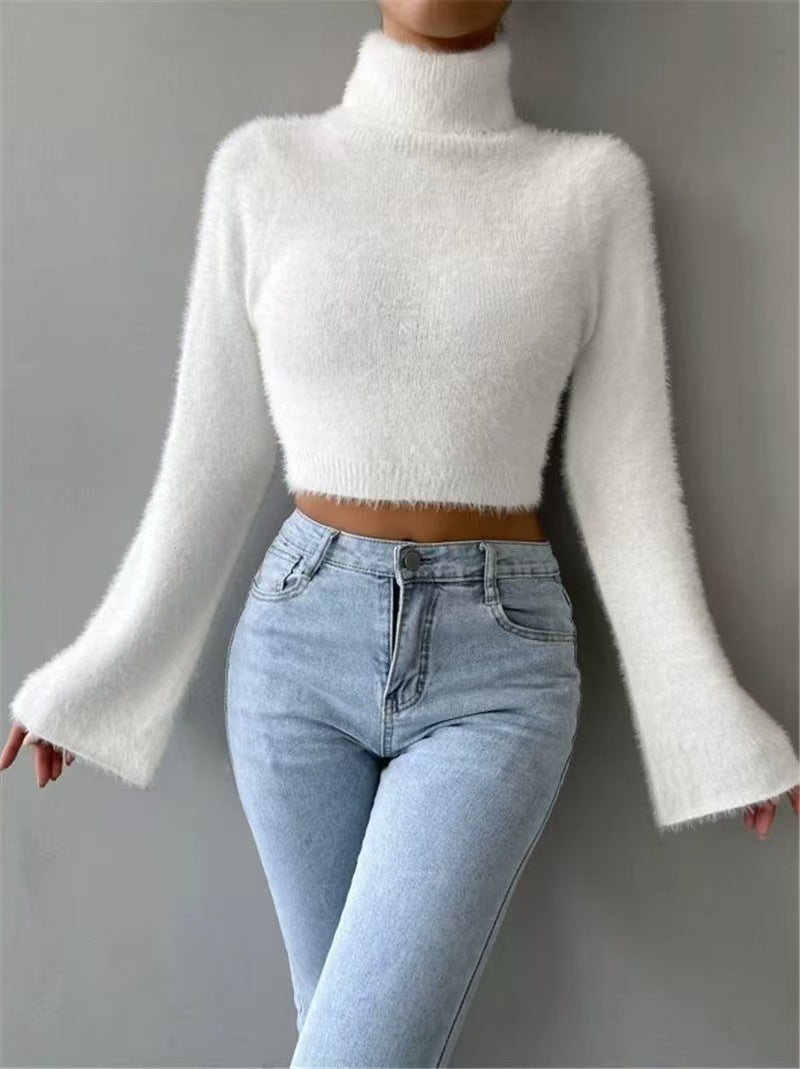 Fall Winter Women's Sweater High Neck Short Length Long Sleeve Solid Color Knit Crop Top