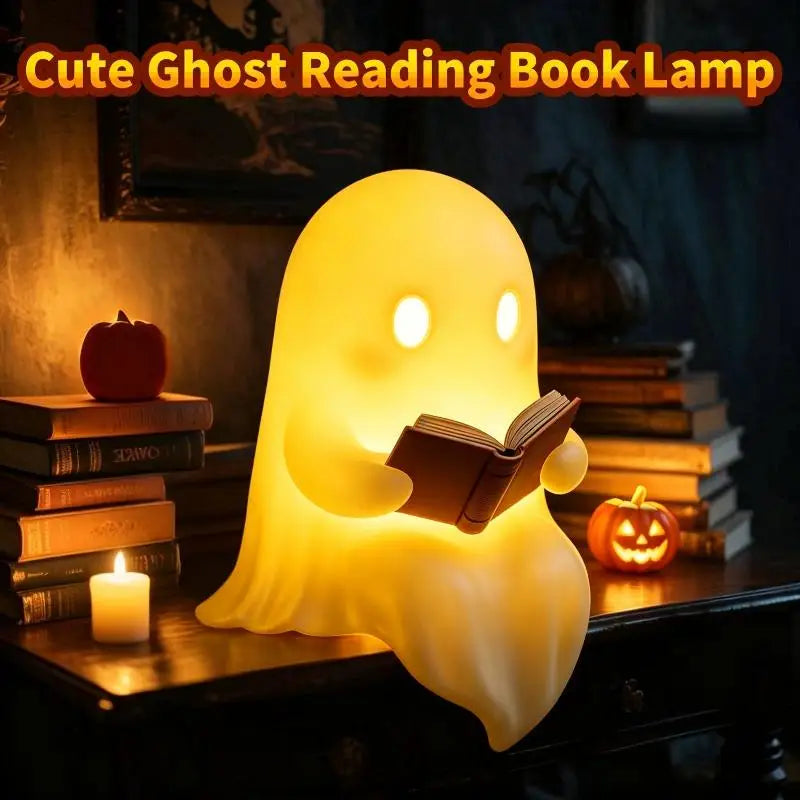 Halloween Party Favor Decoration Cute Ghost Reading Book Lamp Warm Light Desktop Ornament for Kids Room Desk Decor