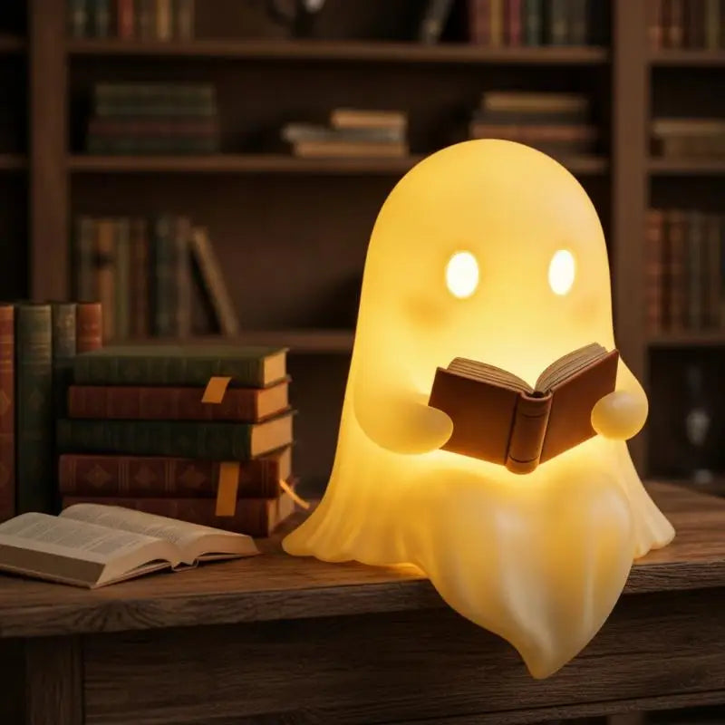 Halloween Party Favor Decoration Cute Ghost Reading Book Lamp Warm Light Desktop Ornament for Kids Room Desk Decor