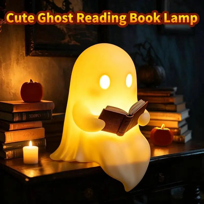 Halloween Party Favor Decoration Cute Ghost Reading Book Lamp Warm Light Desktop Ornament for Kids Room Desk Decor