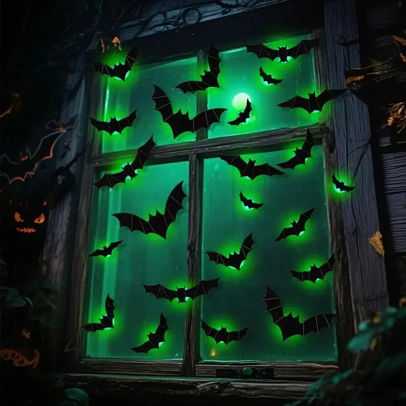 Halloween Decorations  3D LED Lighted Bats with Purple Green Lights, Waterproof Window Stickers for Indoor Outdoor Scary Decor