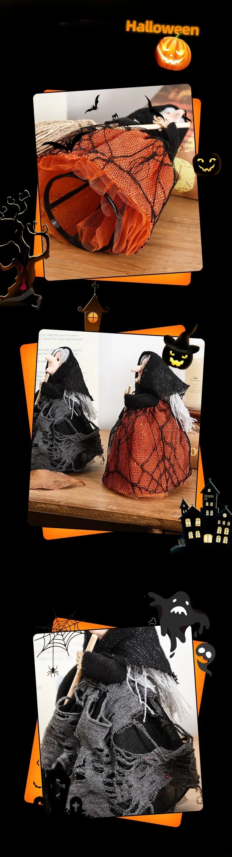 Halloween Witch Decoration with Broom Cute Hanging Ornament for Home Garden Indoor Party Decor Photography Props