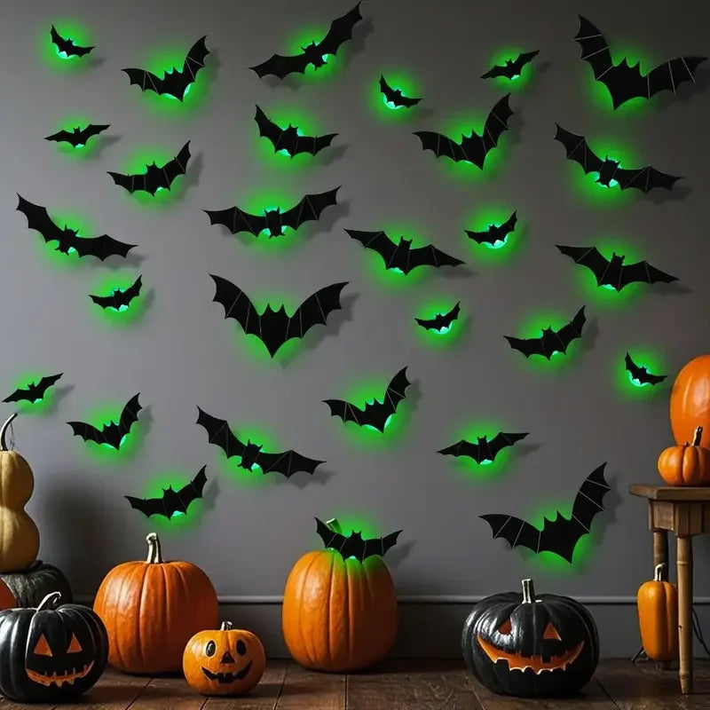 Halloween Decorations  3D LED Lighted Bats with Purple Green Lights, Waterproof Window Stickers for Indoor Outdoor Scary Decor