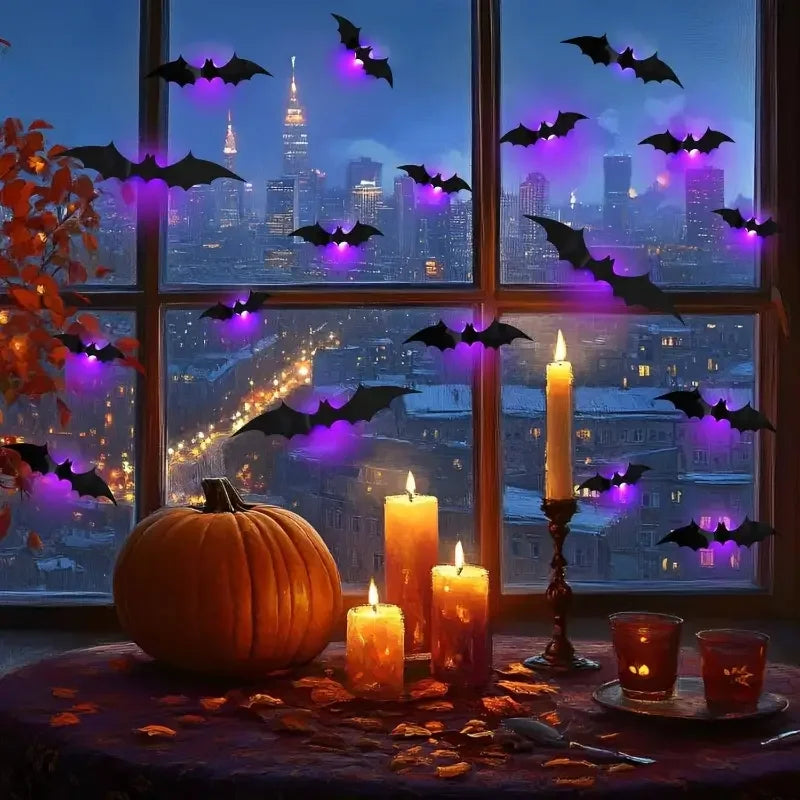 Halloween Decorations  3D LED Lighted Bats with Purple Green Lights, Waterproof Window Stickers for Indoor Outdoor Scary Decor