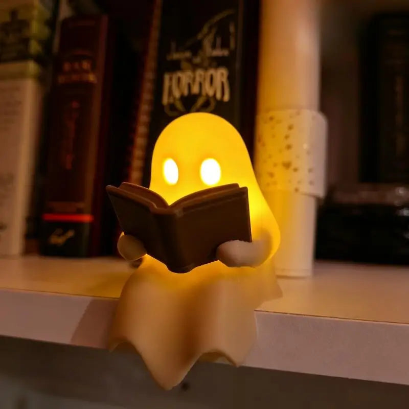 Halloween Party Favor Decoration Cute Ghost Reading Book Lamp Warm Light Desktop Ornament for Kids Room Desk Decor
