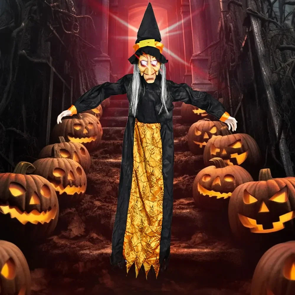 Halloween Decor Talking Witch Outdoor Spooky Animatronic Witch Decor Prop Red Eye Animated Witch Home Festival Decor