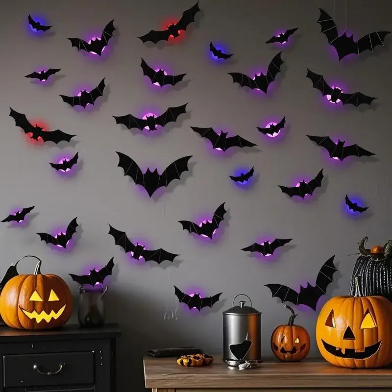 Halloween Decorations  3D LED Lighted Bats with Purple Green Lights, Waterproof Window Stickers for Indoor Outdoor Scary Decor